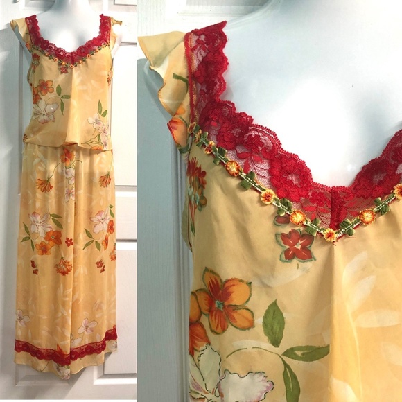 Vintage No Tag Other - VTG 90s Orange/Red Floral Chiffon Lace Trimmed Culottes Pants/Top Lingerie Set~L
